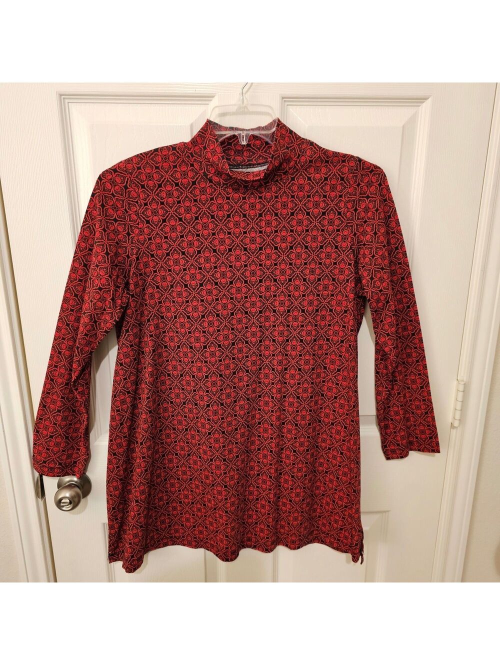 Roaman's Women Tunic Dress Mock Neck Red & Black Geometric Dark Academia size M